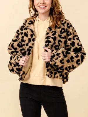Leopard Kangaroo Pocket Zipper Teddy Coat