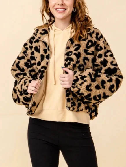 Leopard Kangaroo Pocket Zipper Teddy Coat