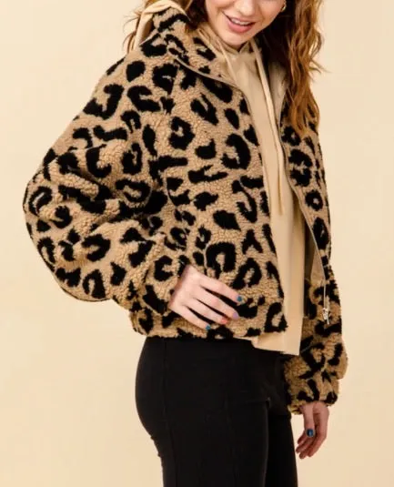 Leopard Kangaroo Pocket Zipper Teddy Coat