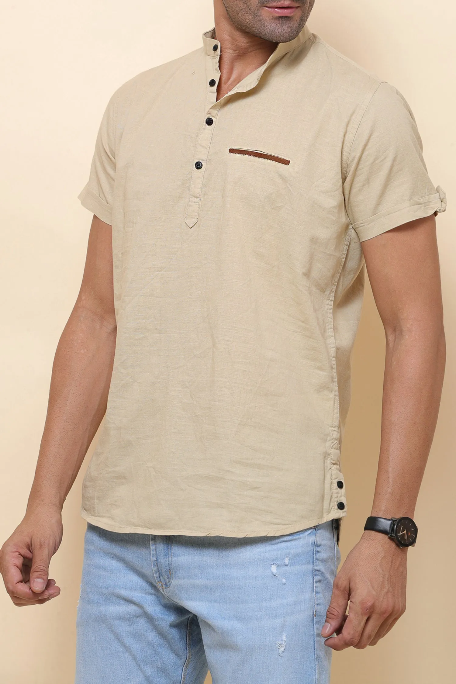 Linen Beige Half Sleeve Shirt for Men