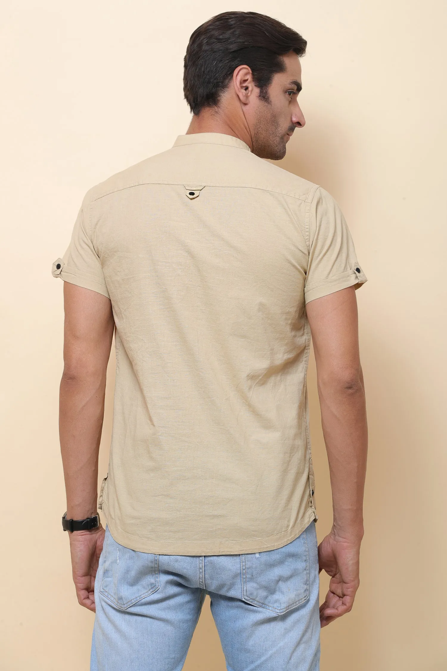 Linen Beige Half Sleeve Shirt for Men
