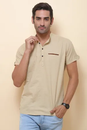 Linen Beige Half Sleeve Shirt for Men