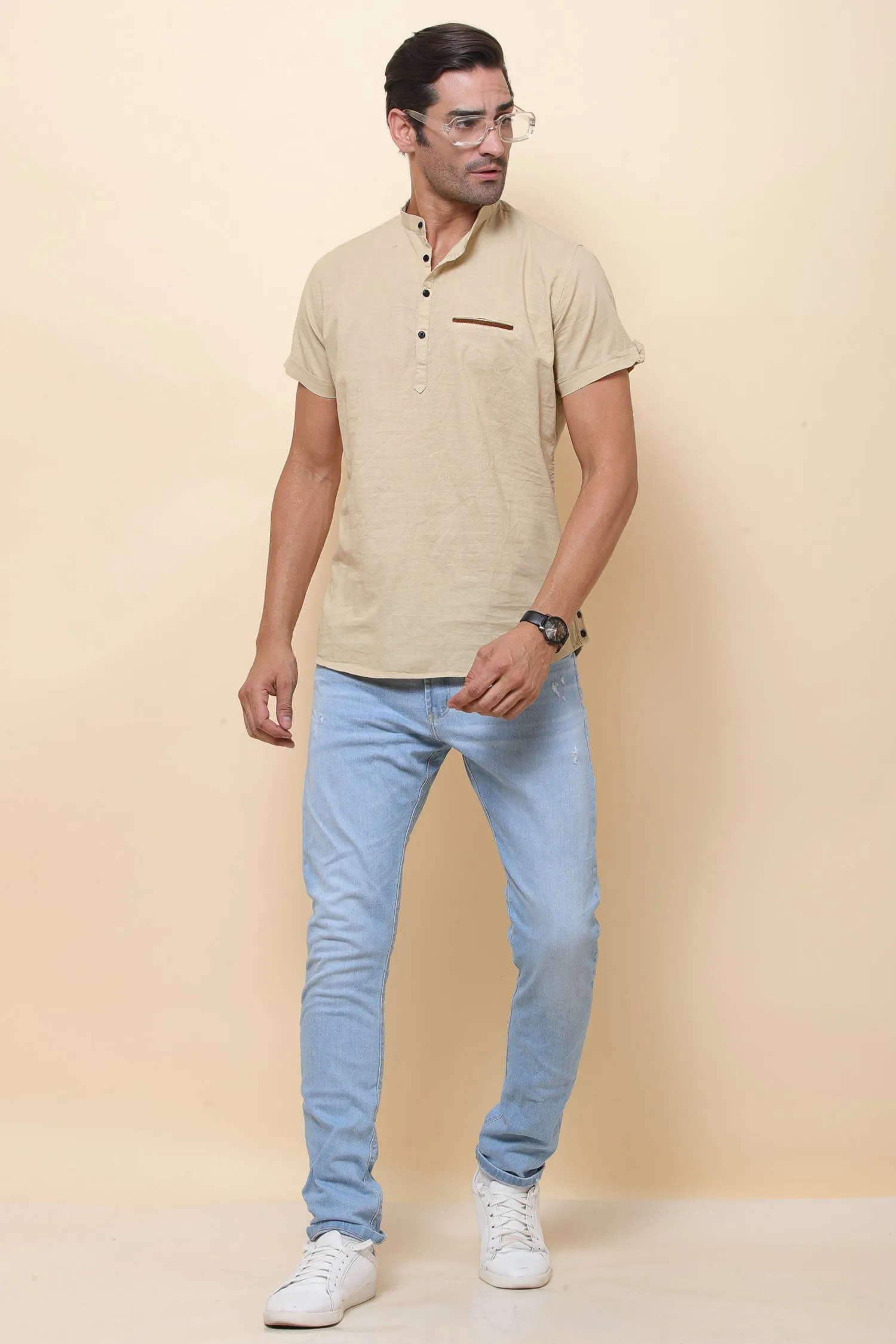 Linen Beige Half Sleeve Shirt for Men