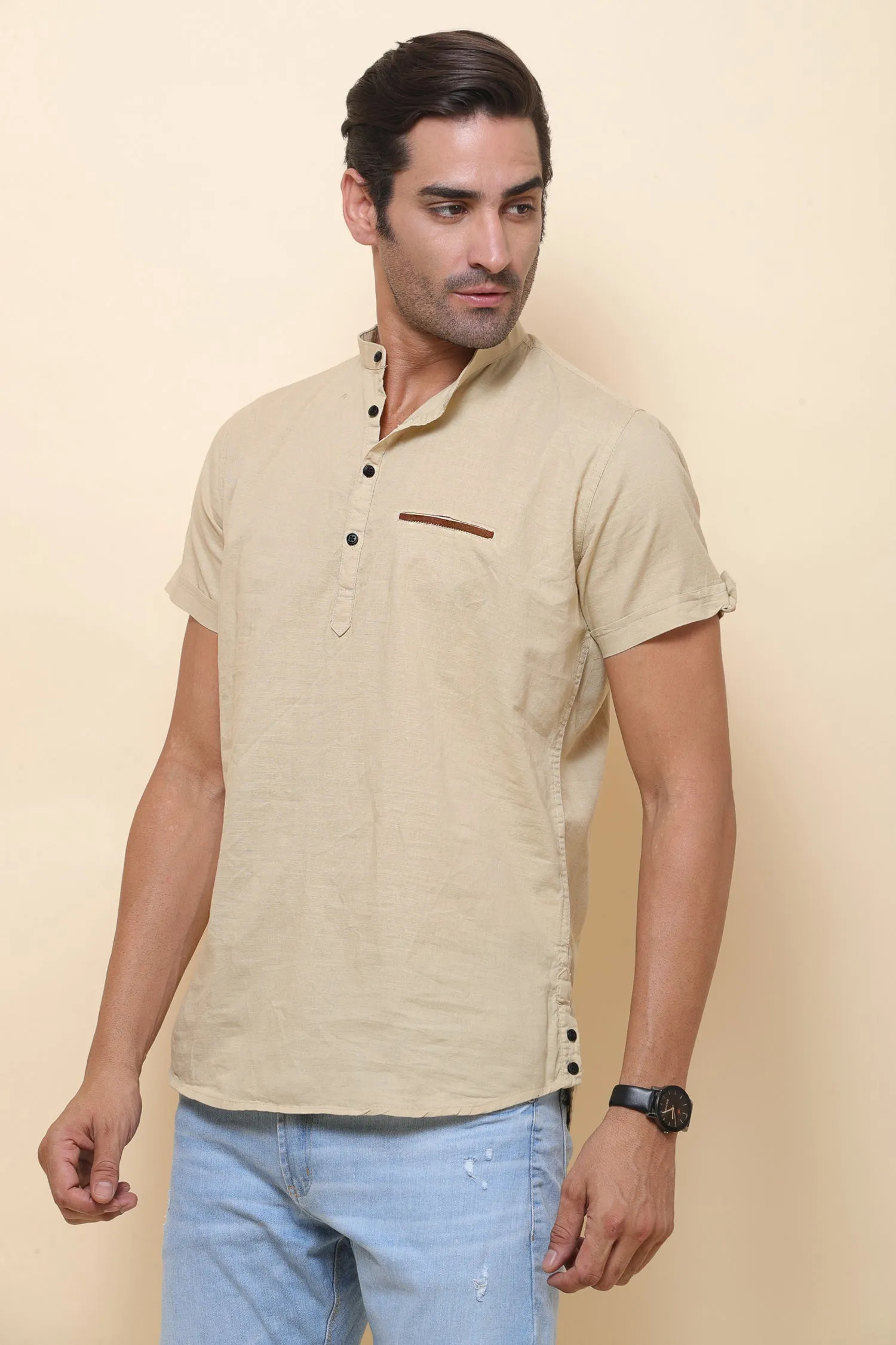Linen Beige Half Sleeve Shirt for Men