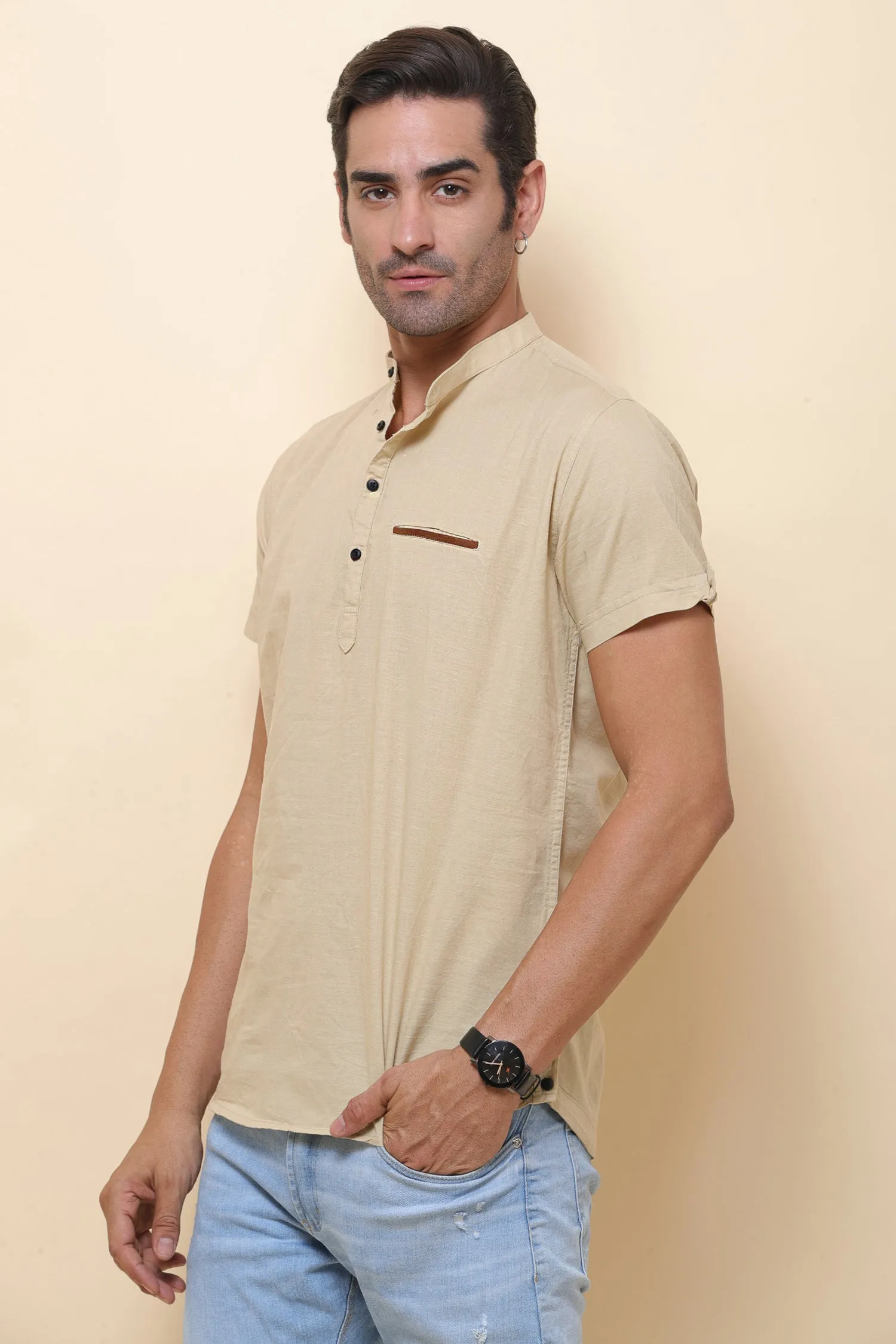 Linen Beige Half Sleeve Shirt for Men