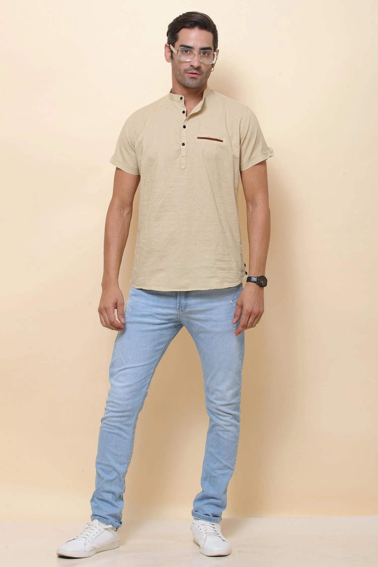 Linen Beige Half Sleeve Shirt for Men