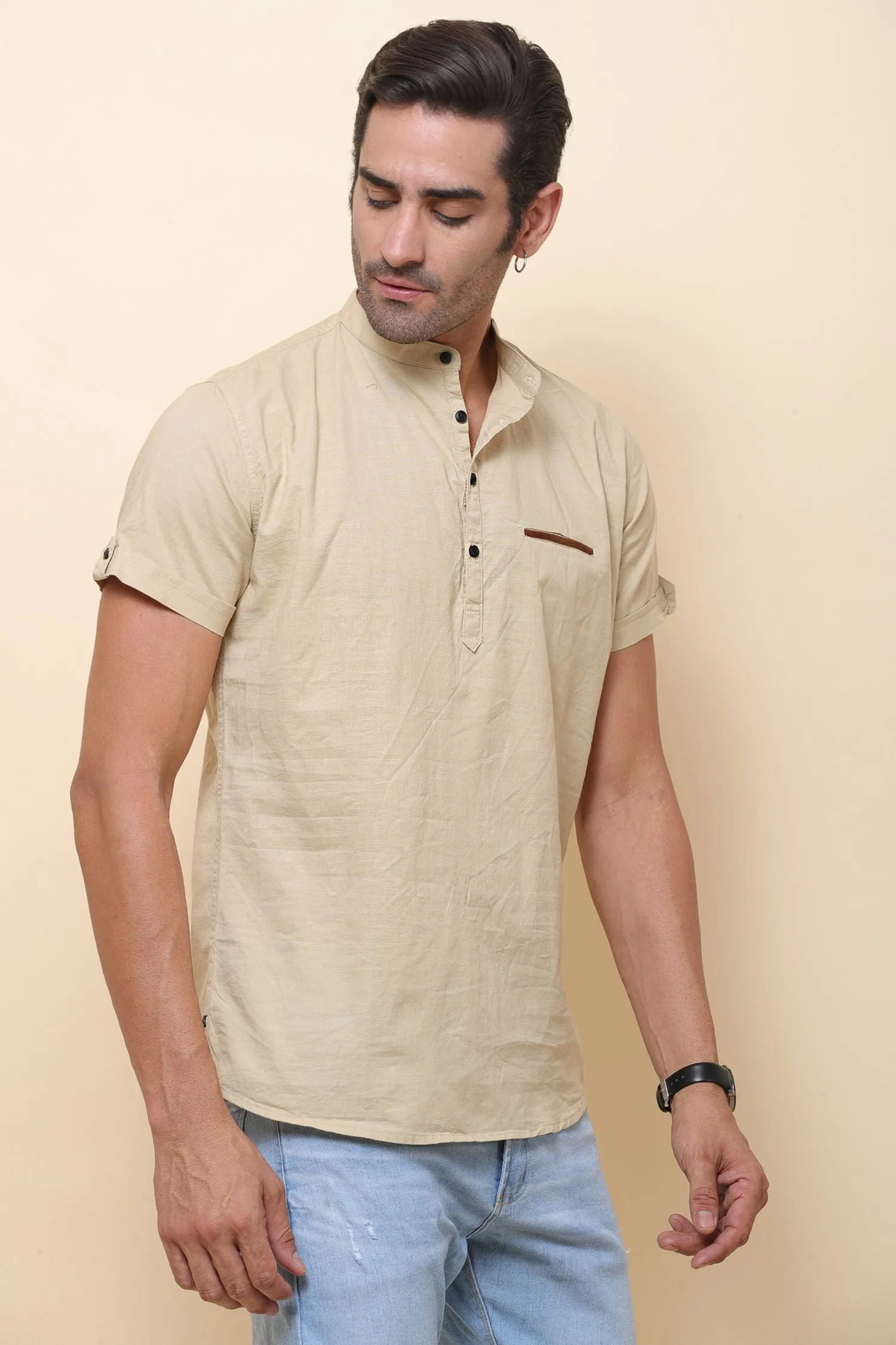 Linen Beige Half Sleeve Shirt for Men