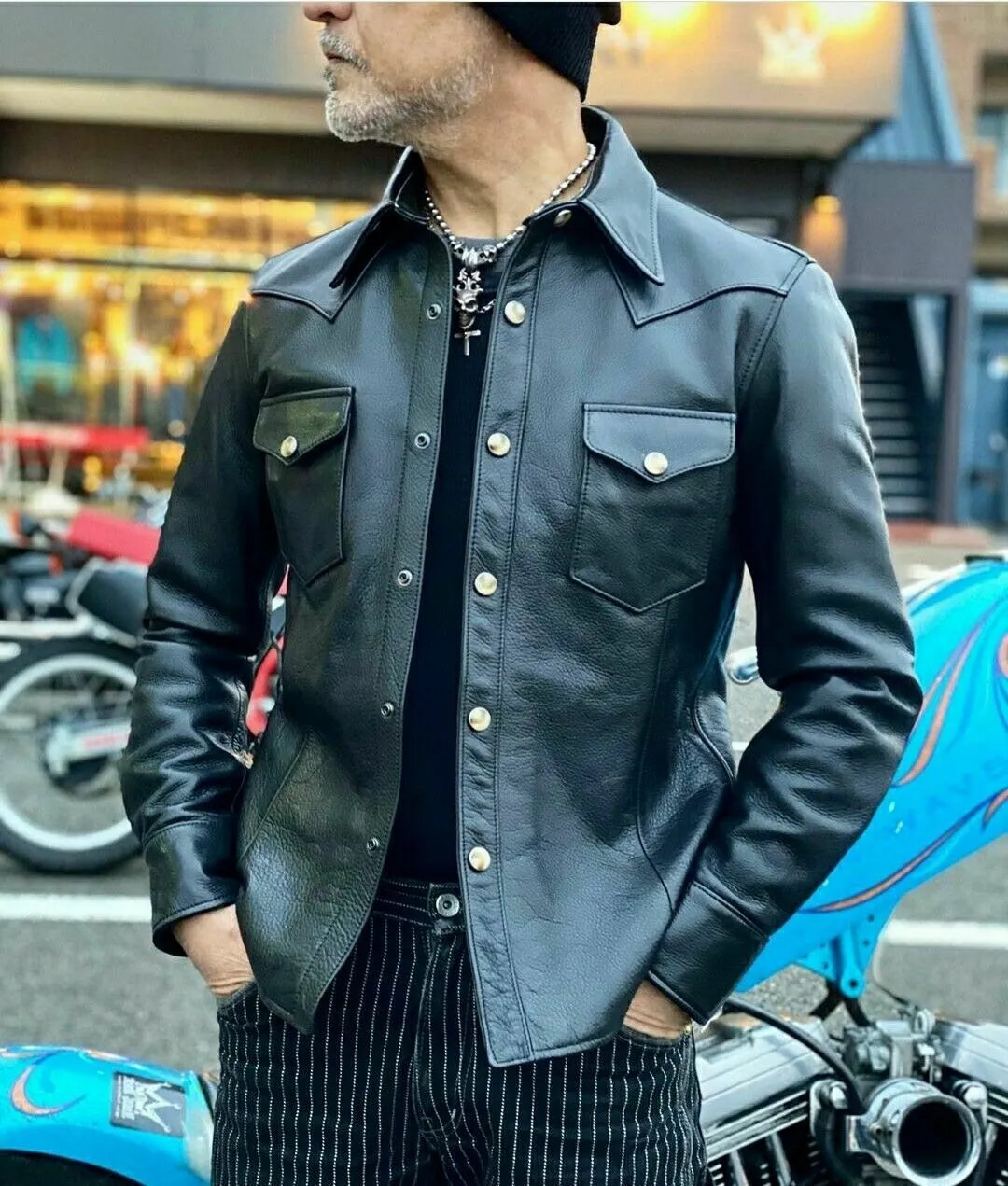 Men's Black Real Leather Collared Full Sleeve Shirt