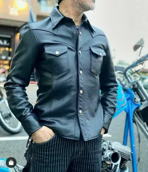 Men's Black Real Leather Collared Full Sleeve Shirt