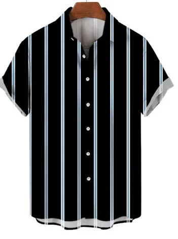 Men's Summer Striped Print Shirt – Fashionable Casual Oversized Short Sleeve for Beach Parties