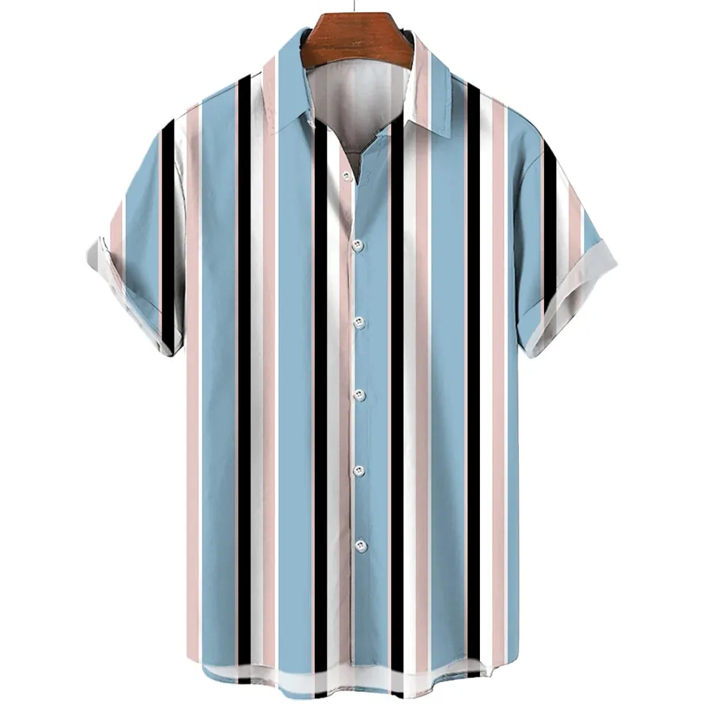 Men's Summer Striped Print Shirt – Fashionable Casual Oversized Short Sleeve for Beach Parties