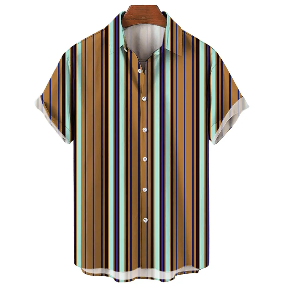 Men's Summer Striped Print Shirt – Fashionable Casual Oversized Short Sleeve for Beach Parties
