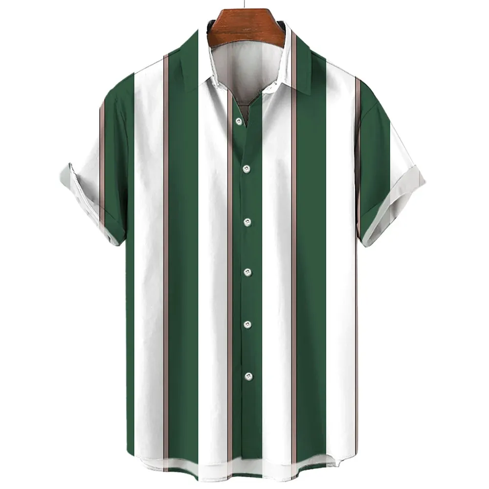Men's Summer Striped Print Shirt – Fashionable Casual Oversized Short Sleeve for Beach Parties