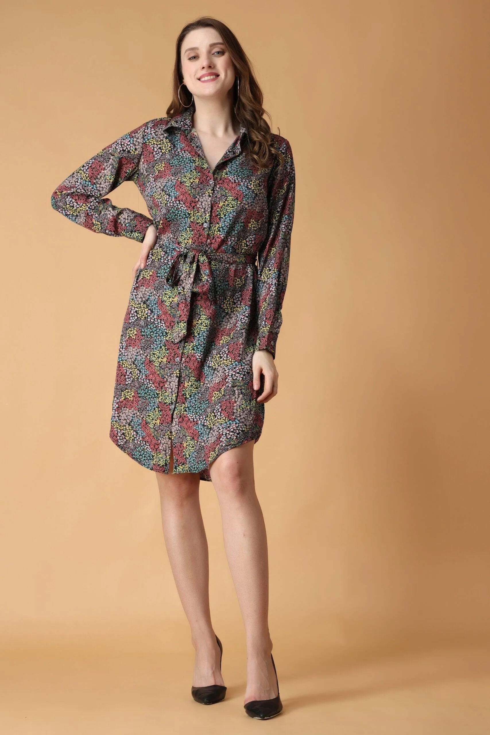 Multicolored Small Floral Printed Buttoned Dress