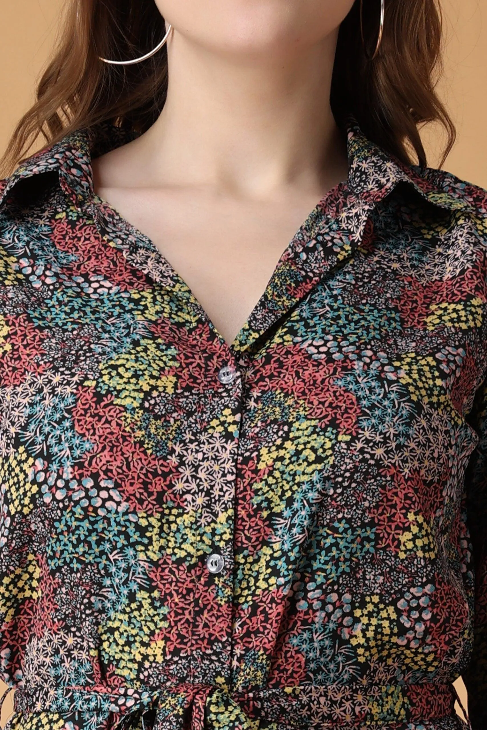 Multicolored Small Floral Printed Buttoned Dress