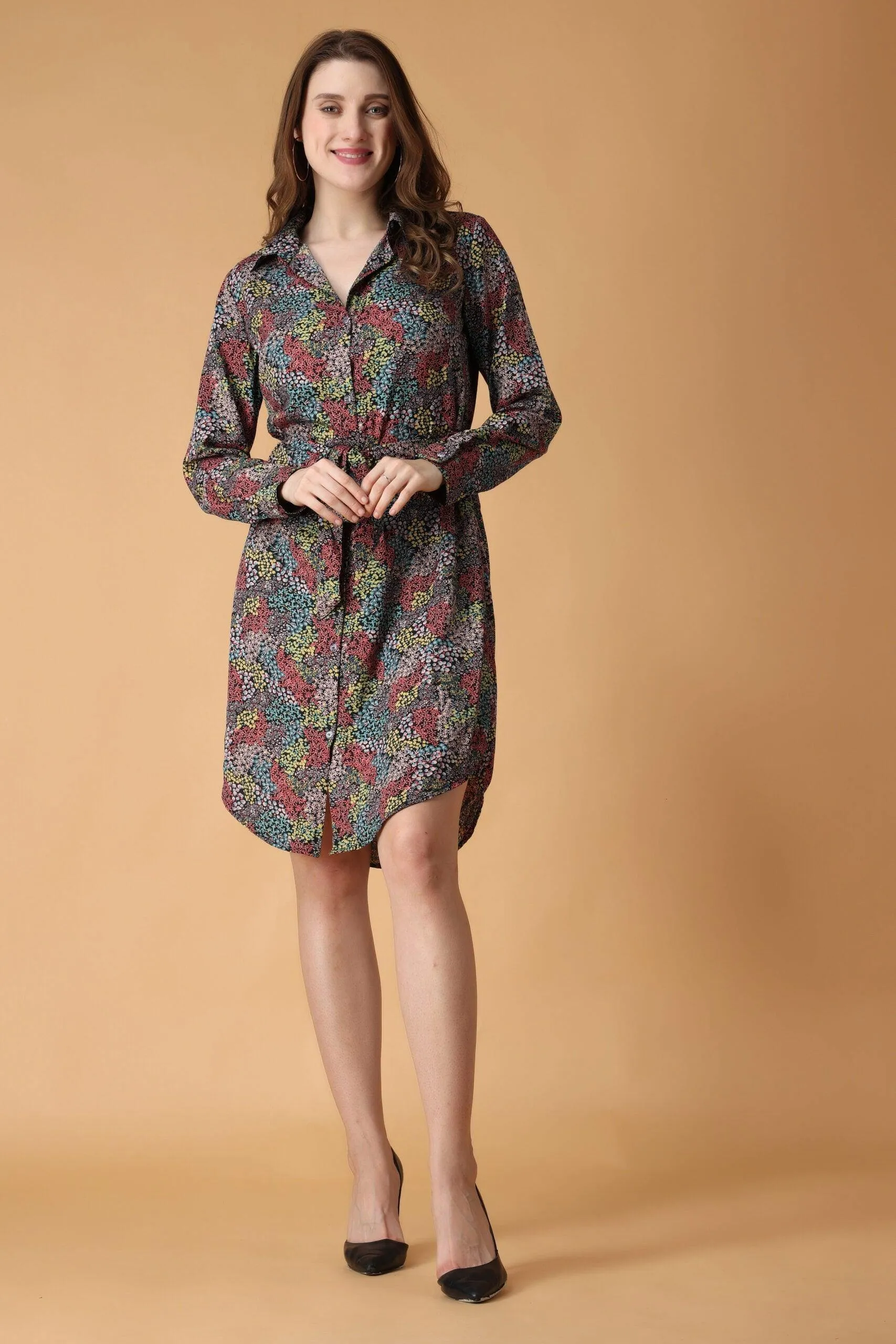 Multicolored Small Floral Printed Buttoned Dress