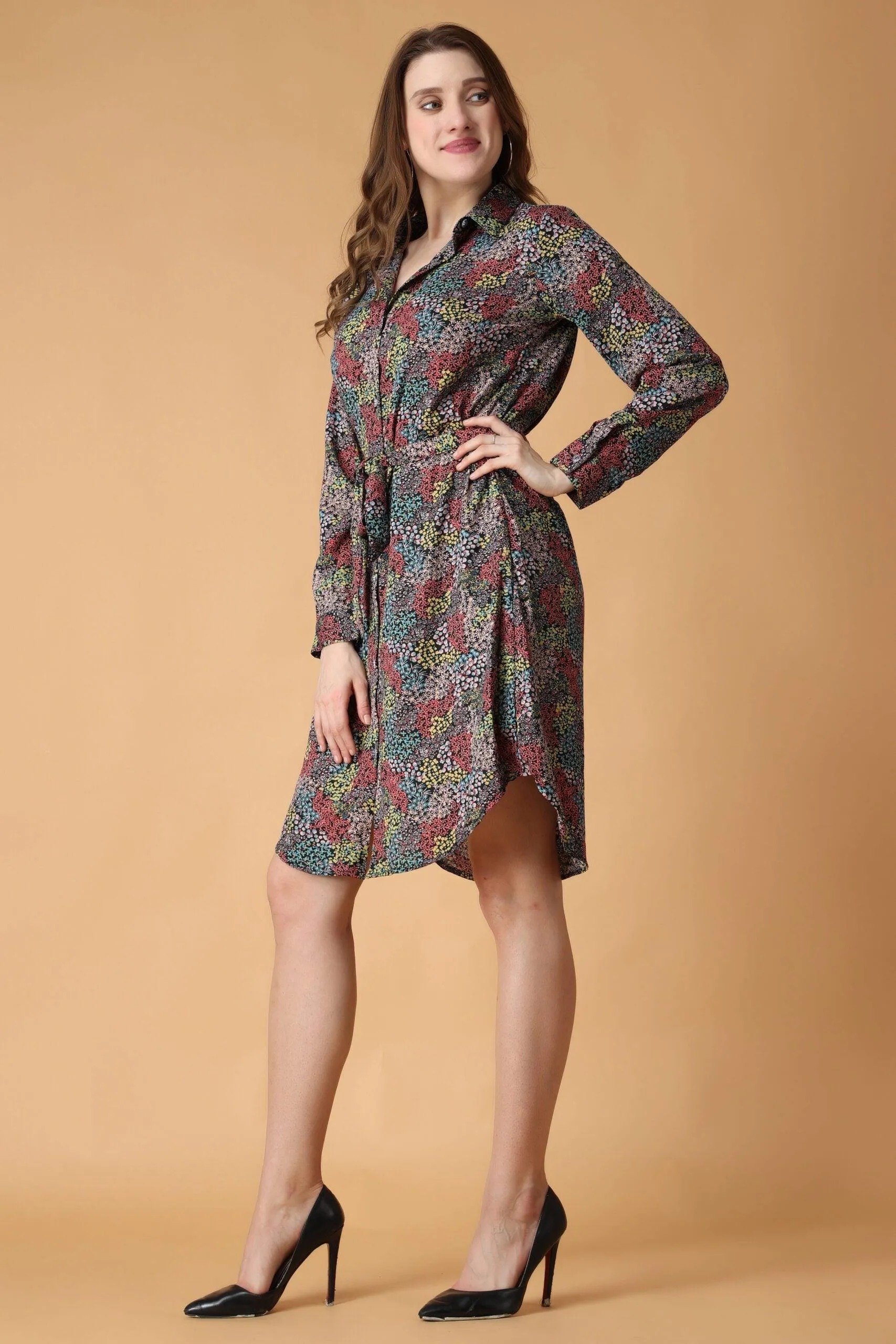 Multicolored Small Floral Printed Buttoned Dress
