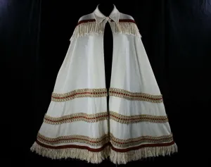 Posh Hippie Cape - 1960s Ivory Wool Knit - Burnt Orange Fringe - Sisal & Braid - Dramatic Boho 60s Wrap - Deadstock - New With Tag - 36166