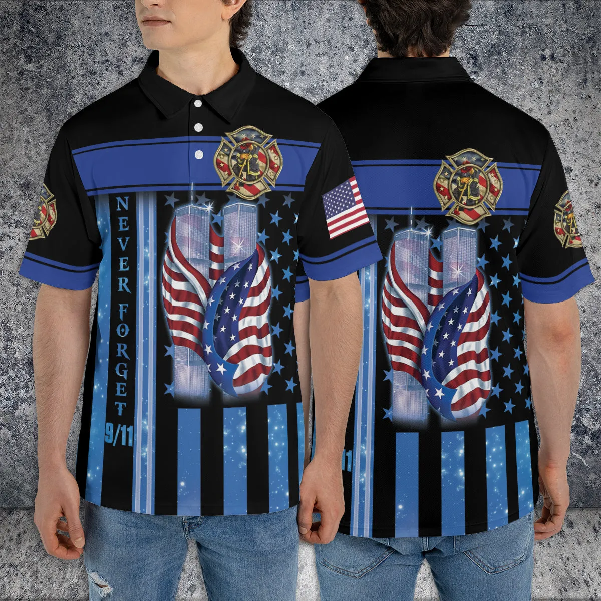 Teesdily | 911 Never Forget Firefighter 3d Tshirt Polo, America September 11th Polo Shirt, 911 Remembrance Day Apparel Clothing, Patriot Gifts