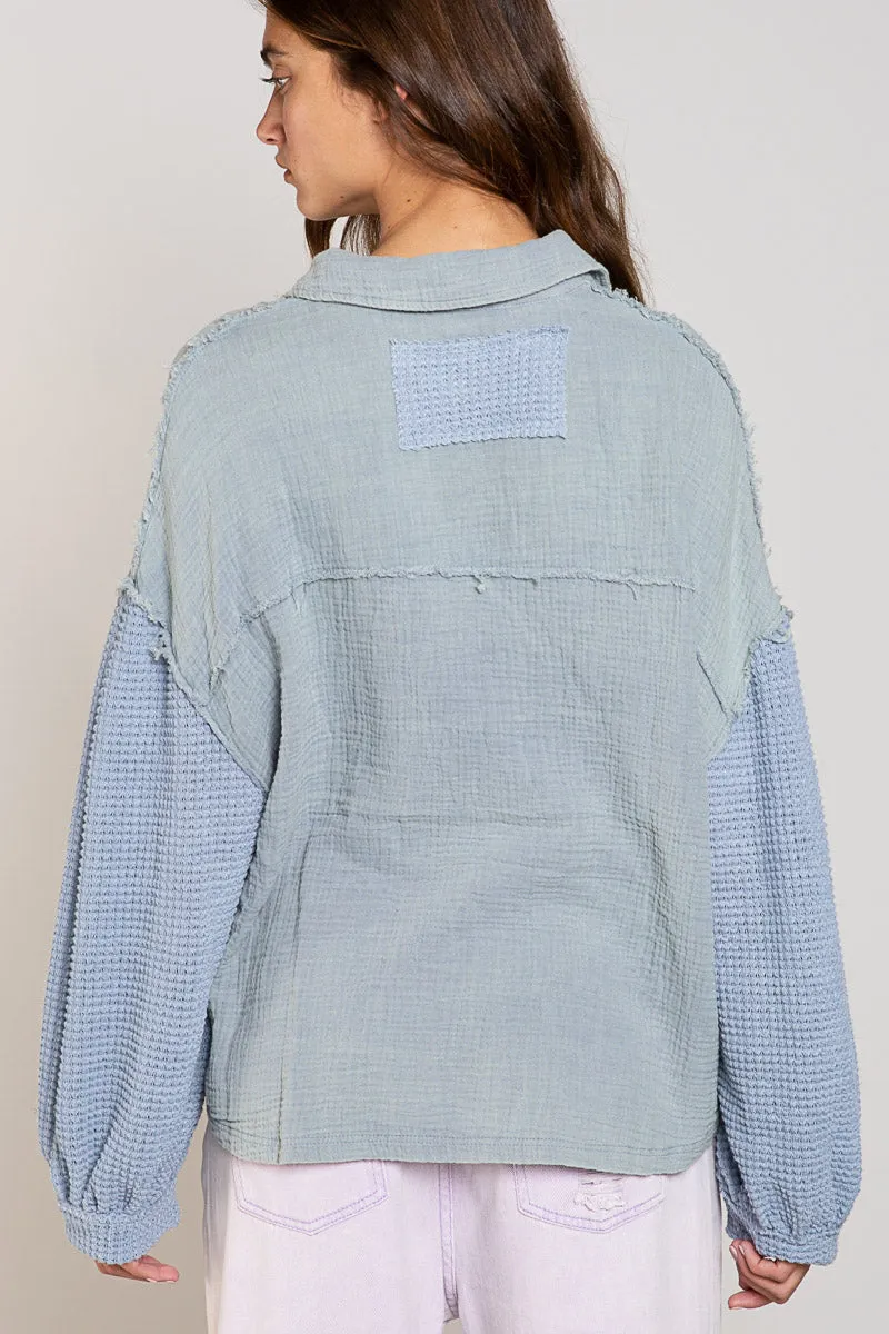 thermal top with balloon sleeves - pigeon blue