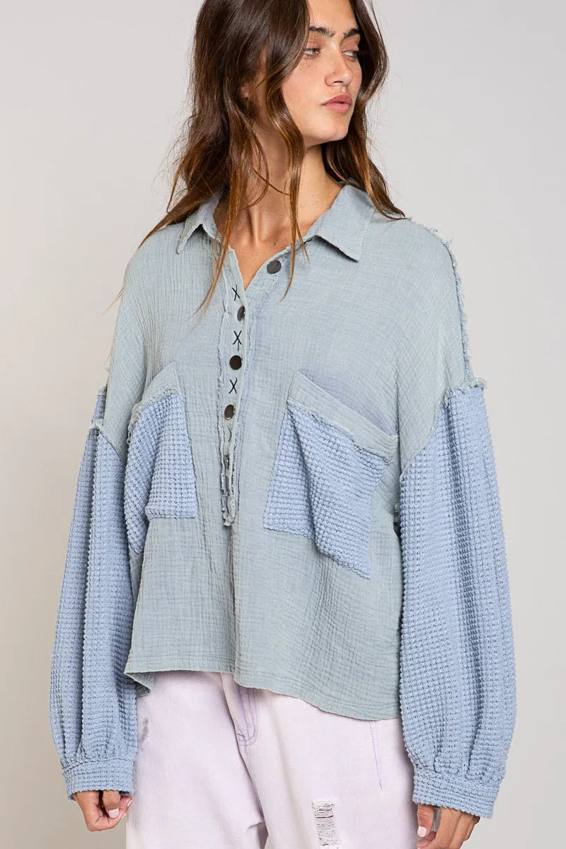 thermal top with balloon sleeves - pigeon blue