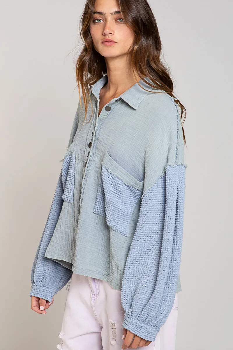 thermal top with balloon sleeves - pigeon blue