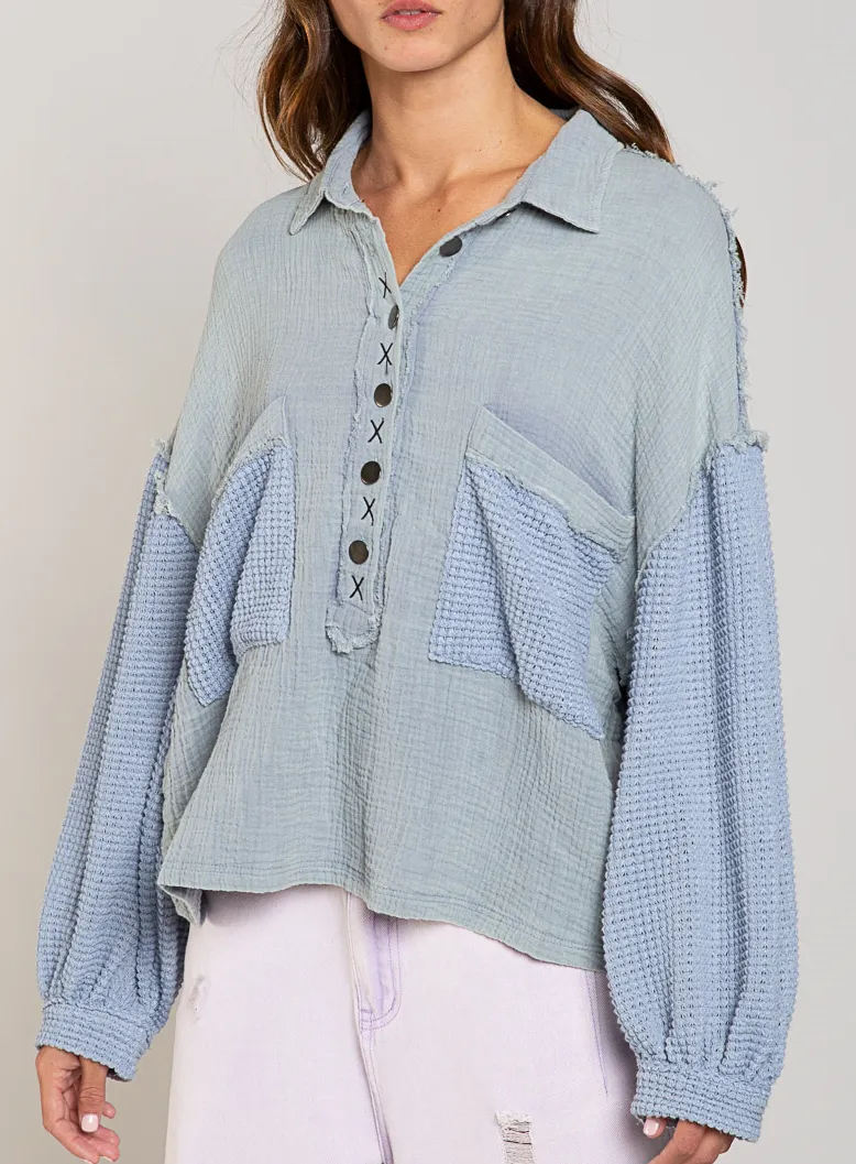 thermal top with balloon sleeves - pigeon blue