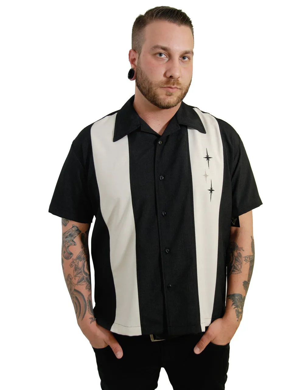 Three Star Panel Bowling Shirt in Black