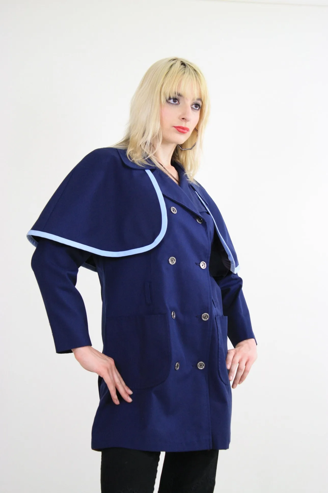 Vintage 60s Mod Navy Blue Double Breasted Capelet Coat