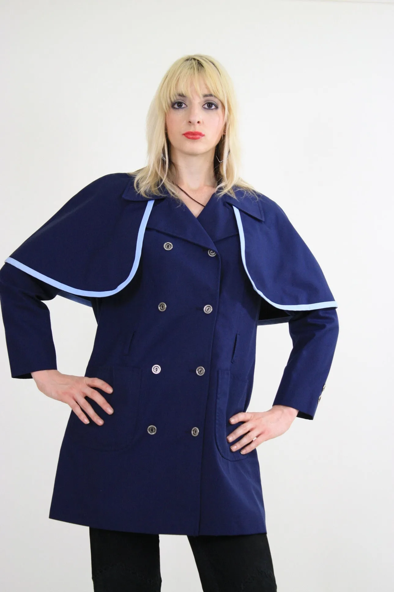 Vintage 60s Mod Navy Blue Double Breasted Capelet Coat