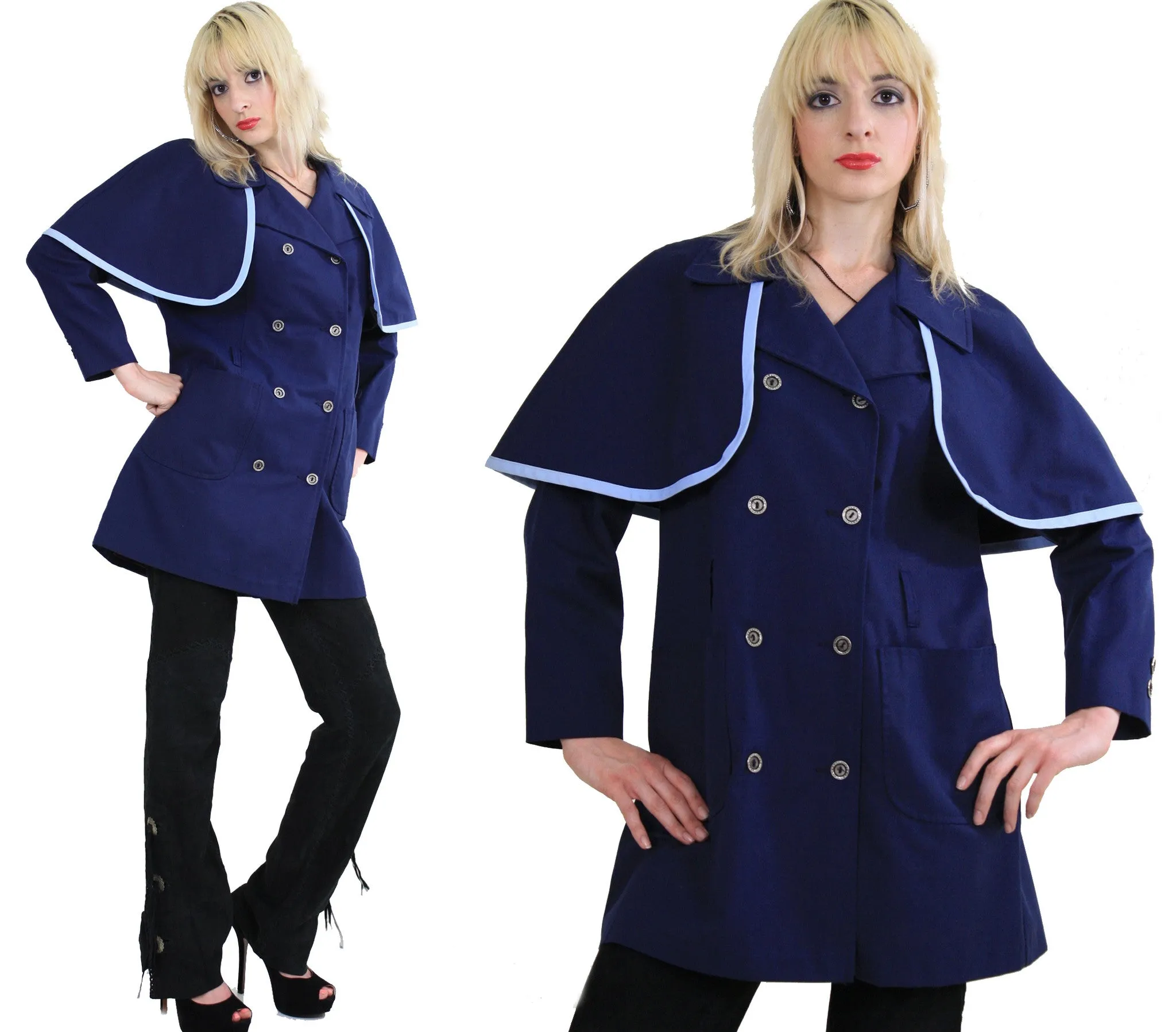 Vintage 60s Mod Navy Blue Double Breasted Capelet Coat