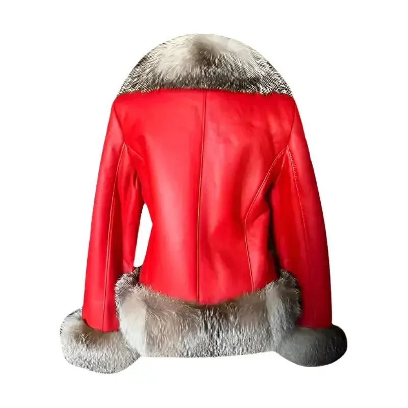 Women’s Red Sheepskin Shearling Coat with Fox Fur – Luxurious & Warm