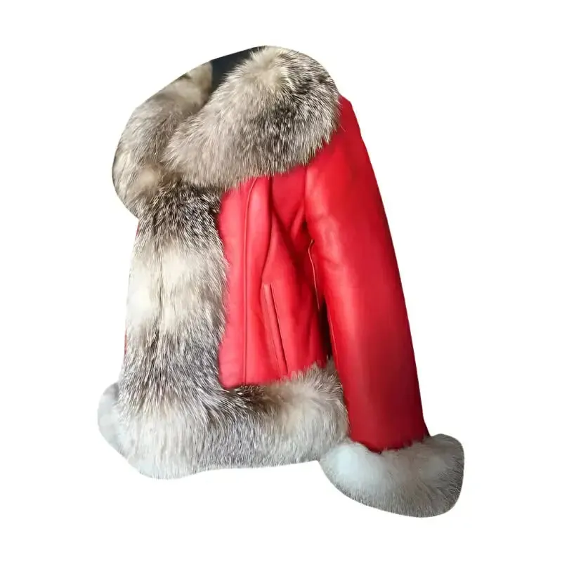 Women’s Red Sheepskin Shearling Coat with Fox Fur – Luxurious & Warm