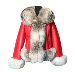 Women’s Red Sheepskin Shearling Coat with Fox Fur – Luxurious & Warm