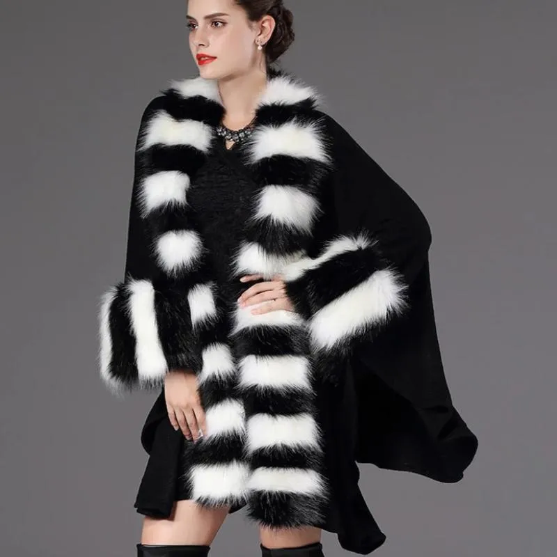 Women's Winter O-Neck Poncho With Thick Warm Faux Fur